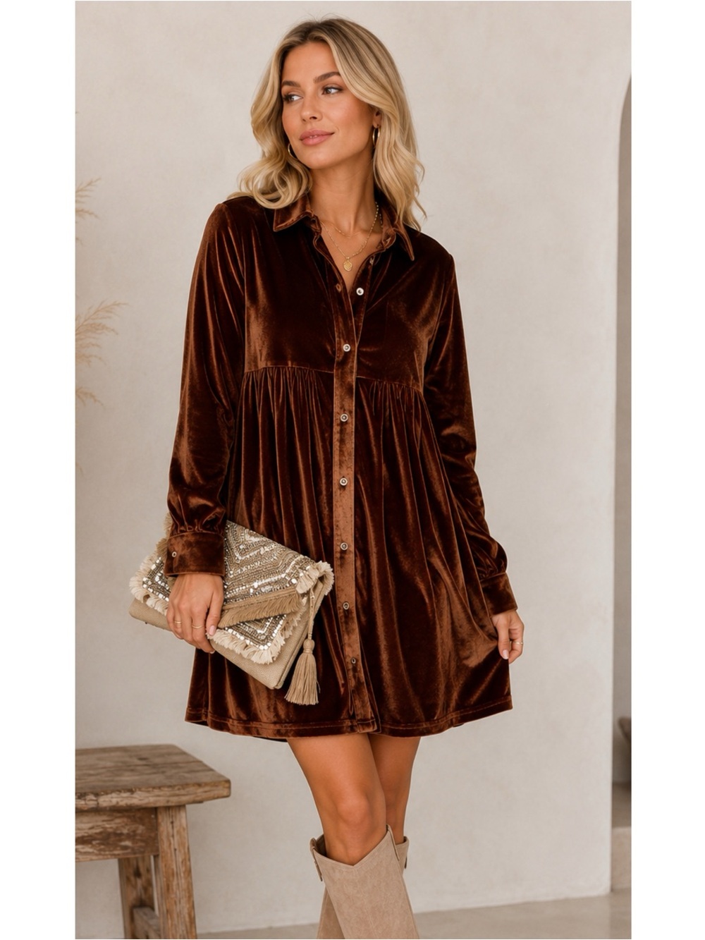 La Miel Velvet Button-Down Mini Dress in Autumn Smoked Topaz Women’s Small New